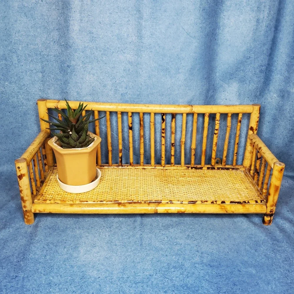 Vintage Tortoise Rattan Bamboo Bench Shelf Wall Hanging Display Rustic Boho‎